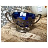 Cobalt blue dish inside silver plated handled