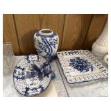 2 blue and white floral hanging plates and vase