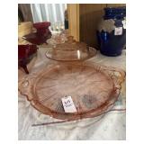 Pink depression glass handled cake plate and