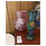 Pink swirled art glass vase and  hand-painted
