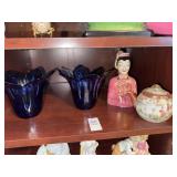 Oriental figure/ teapot and 2 cobalt blue votive