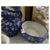 Blue and white floral watch pitcher and wash