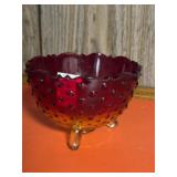 Vintage Amberina hobnail three-footed glass bowl