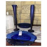 Cobalt blue candlesticks and plate and bowl