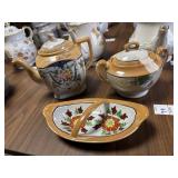 Japanese orange lusterware teapot, sugar bowl
