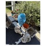 2 cherub garden figures and assorted planters