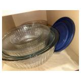 Shelf lot of pyrex and misc glass mixing bowls