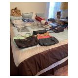 Queen Bed and frame with bedding.  Contents on
