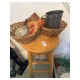 Wooden stool, trivets, Bromwell sifter and mini