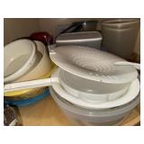 Shelf lot of plastic storage, strainers etc
