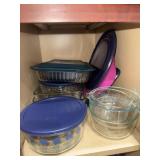 Shelf lot of Pyrex and Anchor Hocking glass