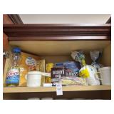 Shelf lot of baking supplies, tea, etc