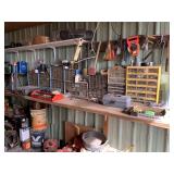 CONTENTS ON BENCH, HARDWARE, TOOLS, MISC