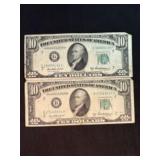 Pair Of Series 1950B $10 Bill Notes 2.5"X6"