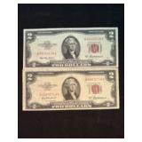 (2) Series 1953A Red Seal $2 Bill Notes 2.5"X6"