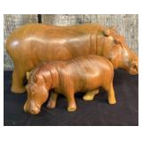 African Wood Carved Mother and Baby Hippo