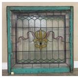 Vintage Stained Glass Window w/ Fleur De Lis Detai