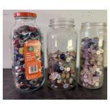 Three Glass Jars Of Vintage Buttons 9"