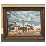 Framed Oil on Canvas Train Depot Scene by S.C. Bal