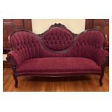 Antique Medallion Backed Settee in Red Upholstery