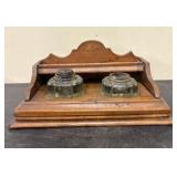 Antique Wooden Double Inkwell Stand featuring Two