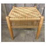 Mid-Century Wood Stool With Woven Seat 25"X18"