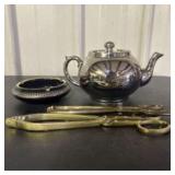 Silver Teapot, Greek Key Pattern Ashtray With Fire