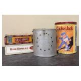 Two Cigar Boxes, Bait Bucket, and Cracker Jack Tin