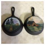 Pair Of Hand Painted Cast Iron Skillets 6"X10"