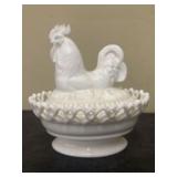Vintage Imperial Milk Glass Rooster on a Nest Cove