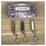 Lot Of 3 Damascus Pocket Knives With Decorated Han