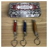 Lot Of 3 Damascus Pocket Knives With Decorated Han