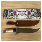 Custom Damascus Steel Hunting Or Bowie Knife - Red