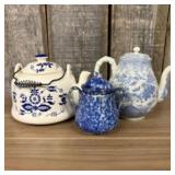 Lot Of Vintage Or Antique Blue Decorated Teapots -