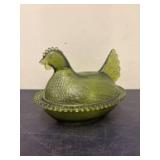 Indiana Glass Olive Green Hen On Nest Covered Dish