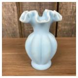 Vintage Fenton Blue Satin Glass Melon Vase With Ru