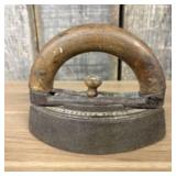 Antique Cast Iron Sad Iron With Wooden Handle 6"X5