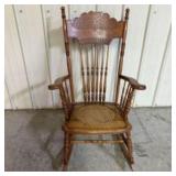 Antique Victorian Oak Press-Back Rocking Chair Wit