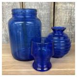 Trio Of Cobalt Blue Glass Items 5"X8"