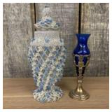 Glass Urn With Beaded Cover With Cobalt Vase In Pl