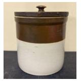 Two Tone Stoneware Pottery Crock With Lid 7"X 9"