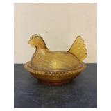Indiana Glass Amber Hen On Nest Covered Candy Dish