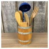 Wooden Barrel Shape Kitchen Utensil Holder With Co