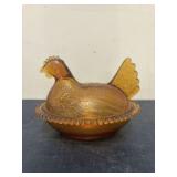 Indiana Glass Amber Hen On Nest Covered Candy Dish