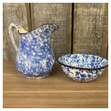 Blue Spongeware Pottery Pitcher With Enameled Gran