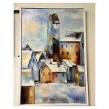 Canvas Painting Of Winter Town Scene, Signed Tajan