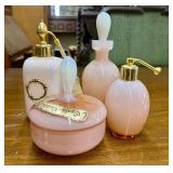 Vintage Pink Opaline Glass Vanity Set Including Pe