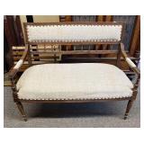 Antique Carved Spindle Back Upholstered Settee, co
