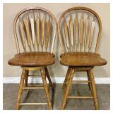 Two (2) Tiger Oak Swivel Bar Stools  -  20"x17"x44