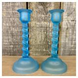 C. 1930 Tiffin Sky Blue Satin Glass Candlesticks 3